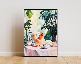 Retro Chicken Poster, Chicken Oil Painting, Vintage Chicken Poster, Animal Dining Room Wall Art, Retro Animal Poster, Funny Chicken Wall Art
