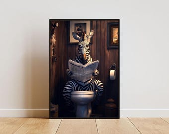 Zebra On Toilet Poster, Animal Poster, Zebra Bathroom Print, Animal Toilet Wall Art, Zebra Portrait, Animal Bathroom Poster, Zebra Print