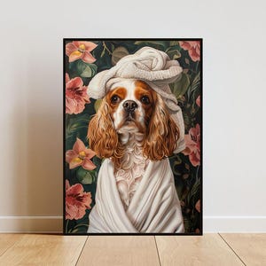 Cavalier King Charles Spaniel In Bathrobe Poster, Dog Poster, King Charles spaniel Bathroom Print, Wall Art, King Charles Spaniel Portrait