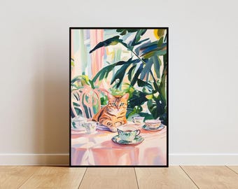 Retro Bengaalse poster, Bengaalse olieverfschilderij, vintage Bengaalse poster, kat eetkamer kunst aan de muur, retro kat poster, huisdier poster, Bengaalse muurkunst