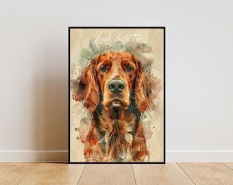 Ierse setter poster, poster hond, Ierse setter print, kunst aan de muur hond, gepersonaliseerde hondenfoto, aquarel Ierse setter, hond, portret huisdier