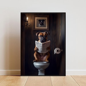Boxer On Toilet Poster, Dog Poster, Boxer Bathroom Print, Dog Toilet Wall Art, Boxer Portrait, Dog Bathroom Poster, Boxer Dog Toilet Print