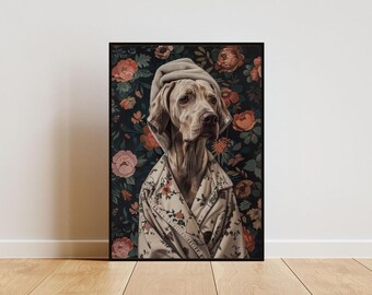 May include: A white dog wearing a floral robe and a gray beanie hat, standing in front of a dark green background with a floral pattern.