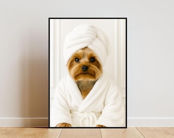 Stampa divertente per il bagno con Yorkshire Terrier, poster con Yorkshire Terrier in accappatoio, decorazione con simpatici animali, stampa divertente per il bagno, stampa con asciugamano per cani sulla testa, arte con cani