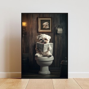 Maltese On Toilet Poster, Dog Poster, Maltese Bathroom Print, Dog Toilet Wall Art, Maltese Portrait, Dog Bathroom Poster, Maltese Dog Print