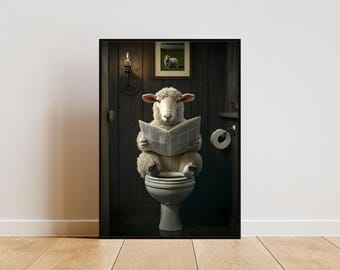 Sheep On Toilet Poster, Animal Poster, Sheep Bathroom Print, Animal Toilet Wall Art, Sheep Portrait, Animal Bathroom Poster, Sheep Print