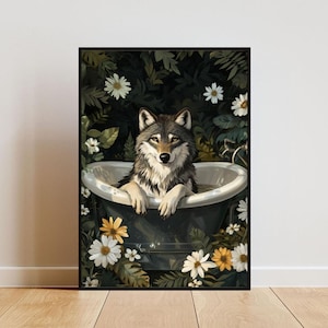 Wolf In Bathtub Poster, Funny Animal Poster, Wolf Bathroom Print, Wolf Bath Poster, Animal Bathroom Wall Art, Animal Print, Wolf Poster