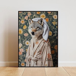 Wolf In Bathrobe Poster, Animal Poster, Wolf Bathroom Print, Animal Wall Art, Wolf Portrait, Animal Bathroom Poster, Funny Wolf Poster