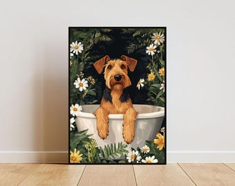 Airedale Terrier In Bathtub Poster, Funny Dog Poster, Airedale Terrier Bathroom Print, Airedale Terrier Bath Poster, Dog Bathroom Wall Art,