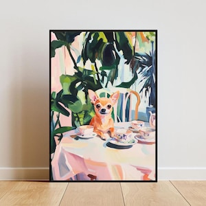 May include: A painting of a small, tan chihuahua sitting at a table with teacups and saucers. The background is a vibrant green and blue with a pink and white tablecloth.