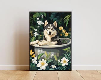 Könnte beinhalten: Ein schwarz-weißer Husky-Hund sitzt in einer grauen Wanne, umgeben von grünen Blättern und weißen und gelben Blumen.