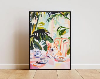 Retro Pembroke Welsh Corgi Poster, Corgi Oil Painting, Vintage Corgi Poster, Dog Dining Room Wall Art, Retro Dog Poster, Corgi Wall Art, Pet