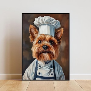 Yorkshire Terrier In Chefs Hat Poster, Pet Poster, Yorkshire Terrier In Apron Print, Funny Dog Wall Art, Yorkie Portrait, Dog Kitchen Poster