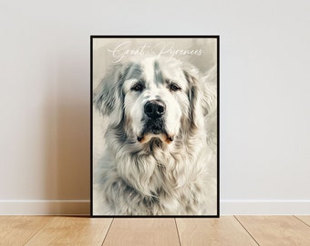 Póster de los Grandes Pirineos, póster de perro, impresión de los Grandes Pirineos, arte mural de perro, foto de perro personalizada, acuarela de los Grandes Pirineos, retrato de mascota, mascota
