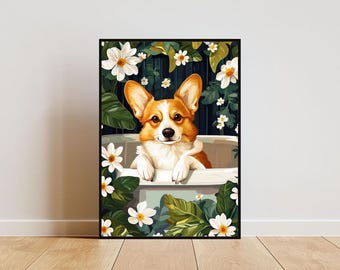 Puede incluir: Un perro corgi marrón y blanco asoma de una maceta blanca rodeada de hojas verdes y flores blancas.