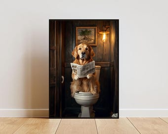 Op de afbeelding: Een golden retriever hond zit op een wit toilet in een houten badkamer en leest een krant. De hond heeft een serieuze uitdrukking en zijn poten rusten op de krant.