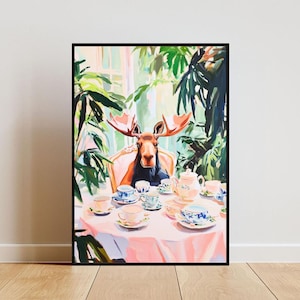Retro Moose Poster, Moose Oil Painting, Vintage Moose Poster, Animal Dining Room Wall Art, Retro Animal Poster, Funny Moose Wall Art, Stag