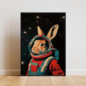 May include: A rabbit wearing an astronaut suit with a blue helmet and red and blue spacesuit, against a black background with white stars.