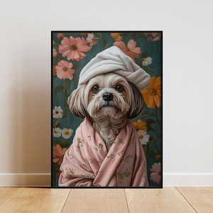 Lhasa Apso In Bathrobe Poster, Dog Poster, Lhasa Apso Bathroom Print, Dog Wall Art, Lhasa Apso Portrait, Pet, Dog Bathroom Poster, Dog Print