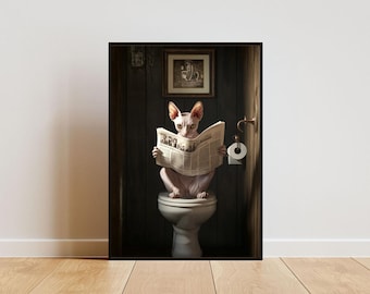 Sphynx On Toilet Poster, Cat Poster, Sphynx Bathroom Print, Cat Toilet Wall Art, Sphynx Portrait, Cat Bathroom Poster, Cat Toilet print