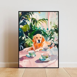 Retro Golden Retriever Poster, Golden Retriever Oil Painting, Vintage Golden Retriever Poster, Dog Dining Room Wall Art, Retro Dog Poster