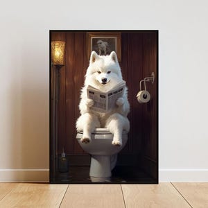 Samoyed On Toilet Poster, Dog Poster, Samoyed Bathroom Print, Dog Toilet Wall Art, Samoyed Portrait, Dog Bathroom Poster, Samoyed Print