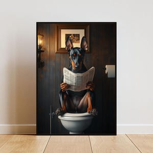Doberman Pinscher On Toilet Poster, Dog Poster, Doberman Pinscher Bathroom Print, Toilet Wall Art, Dobermann Portrait, Dog Bathroom Poster