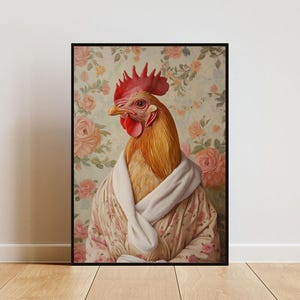Cartel de pollo en albornoz, cartel de animales, impresión de baño de pollo, arte de pared de animales, retrato de gallo, cartel de baño de animales, arte divertido de gallina