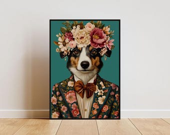 Affiche miniature de berger américain en costume, portrait miniature de berger américain, peinture à l'huile, affiche tête d'animal et corps humain, affiche chien