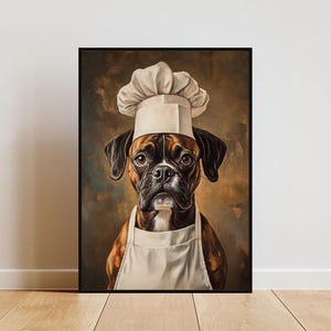 Boxer In Chefs Hat Poster, Pet Poster, Boxer In Apron Print, Funny Dog Wall Art, Boxer Portrait, Dog Kitchen Poster, Funny Boxer Poster