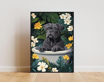 Póster de Cane Corso en la bañera, póster de perro divertido, impresión de Cane Corso para el baño, póster de Cane Corso para el baño, póster de mascota, arte de pared para baño de perros, mascota