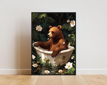 Bear In Bathtub Poster, Funny Animal Poster, Bear Bathroom Print, Bear Bath Poster, Animal Bathroom Wall Art, Animal Print, Bear Poster