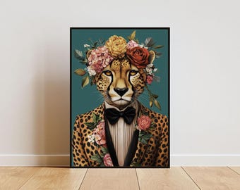 Cheetah In Suit Poster, Cheetah Portrait, Cheetah Oil Painting, Animal Head Human Body Poster, Funny Animal Poster, Animal Print, Cheetah