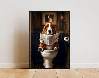 Basset Hound On Toilet Poster, Dog Poster, Basset Hound Bathroom Print, Dog Toilet Wall Art, Basset Hound Portrait, Dog Bathroom Poster