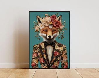 Fuchs in Anzug Poster, Fuchs Portrait, Fuchs Ölgemälde, Tierkopf menschlicher Körper Poster, lustiges Tier Poster, Tierdruck, Fuchs Wandkunst, Mr Fox
