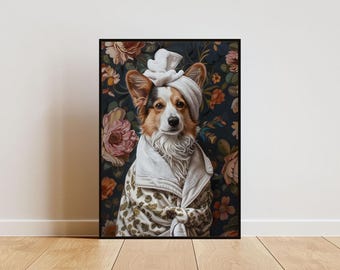 Póster de Cardigan Welsh Corgi en bata, póster de perro, impresión de baño de Cardigan Corgi, arte mural, retrato de Cardigan Corgi, póster de baño de perro