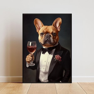 French Bulldog In Tuxedo Poster, Dog Poster, French Bulldog In Suit Print, Dog Wall Art, Frenchie Portrait, Dog, Funny French Bulldog Art