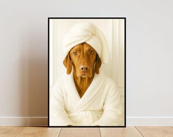 Funny Vizsla Bathroom Print, Vizsla In Bathrobe Poster, Cute Animal Decor, Funny Bathroom Print, Dog Towel On Head Poster, Dog Art