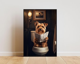 Yorkshireterrier på toaletten poster, hundposter, Yorkshireterrier badrumstryck, hundtoalett väggkonst, Yorkshireterrierporträtt, hundbadrumposter
