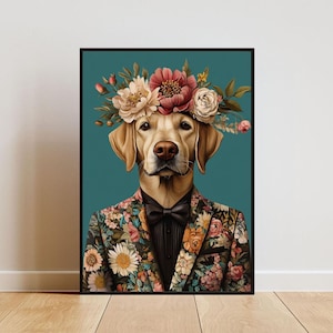 Póster de Labrador Retriever con traje, retrato de Labrador Retriever, pintura al óleo de Labrador, póster de cuerpo humano con cabeza de animal, arte de pared de perro, arte para mascotas