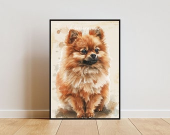Può includere: Un dipinto ad acquerello di un cane pomerania arancione e soffice seduto e che guarda a sinistra. Il cane ha un petto bianco e un naso nero. Lo sfondo è beige chiaro con schizzi di acquerello marroni.