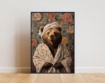 Bear In Bathrobe Poster, Animal Poster, Brown Bear Bathroom Print, Animal Wall Art, Bear Portrait, Animal Bathroom Poster, Funny Bear Print
