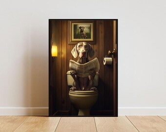 May include: A brown and white dog sits on a white toilet, reading a newspaper in a wood-paneled bathroom.