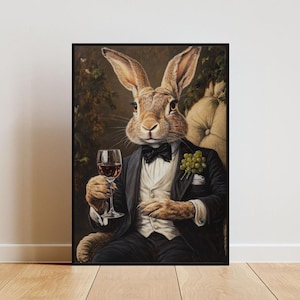 May include: A painting of a rabbit wearing a tuxedo and holding a glass of red wine. The rabbit is sitting in a chair with a green vine and grapes behind it.