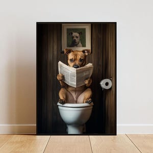 Staffordshire Bull Terrier On Toilet Poster, Dog Poster, Staffordshire Bull Terrier Bathroom Print, Staffordshire Bull Terrier Portrait