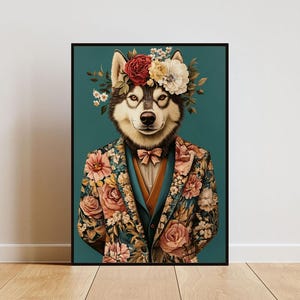 Siberian Husky In Suit Poster, Husky Portrait, Husky Oil Painting, Animal Head Human Body Poster, Funny Dog Poster, Pet Wall Art, Husky Art