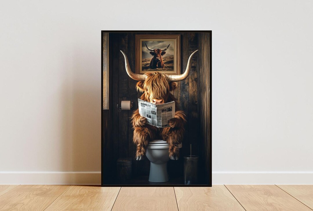 Highland Cow on Toilet Poster, Animal Poster, Highland Cow Bathroom ...