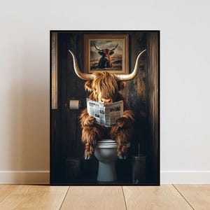 Poster della mucca delle Highland sulla toilette, poster degli animali, stampa del bagno della mucca delle Highland, arte della parete della toilette, ritratto della mucca scozzese, poster del bagno degli animali