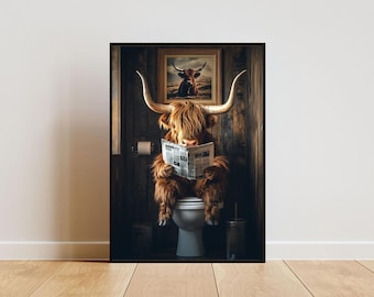 Highland Cow On Toilet Poster, Animal Poster, Highland Cow Bathroom Print, Toilet Wall Art, Scottish Cow Portrait, Animal Bathroom Poster