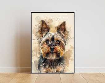 Pode incluir: Uma pintura em aquarela de um Yorkshire Terrier com pelo marrom, preto e castanho. O cão está olhando diretamente para o espectador com uma expressão séria. O fundo é marrom claro com respingos de aquarela.